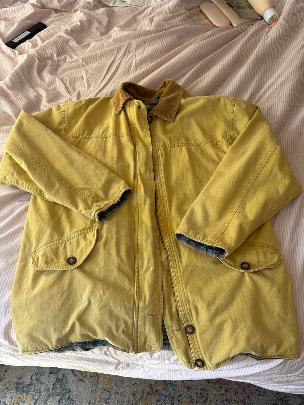 Reversible Yellow and plaid flannel Corduroy-Collar Utility Chore Coat
